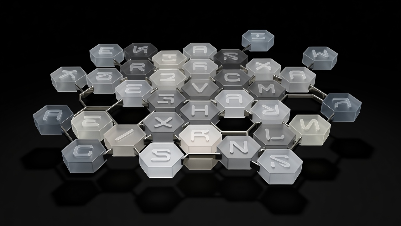 Abstract 3D Hexagonal Word Puzzle Grid Artwork showing connected letters