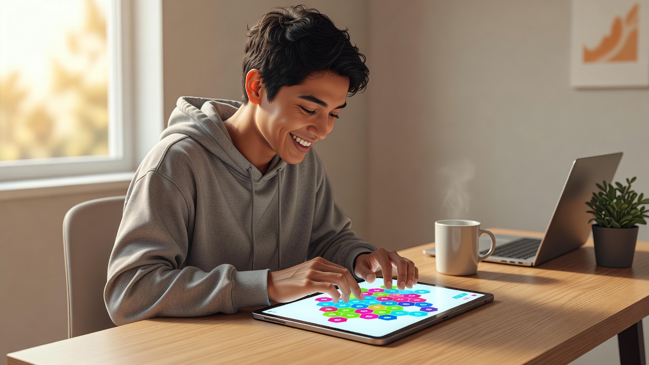 Illustration of a person happily solving a modern digital word puzzle on a tablet
